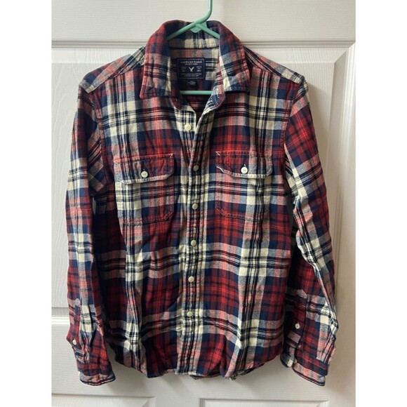 American Eagle Outfitters Tops - American Eagle Shirt Womens Small Red Blue Heavy Flannel  Pockets Outdoors Comfy